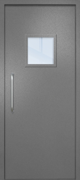 Однопольная техническая дверь с ручкой-скобой и квадратным стеклопакетом, окрас по RAL 7001