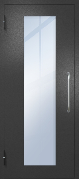 Однопольная техническая дверь с ручкой-скобой и максимальным стеклопакетом, окрас по RAL 9004 Однопольная техническая дверь с ручкой-скобой и максимальным стеклопакетом, окрас по RAL 9004