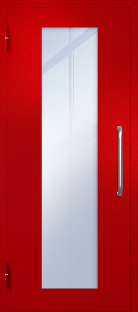 Однопольная техническая дверь с ручкой-скобой и максимальным стеклопакетом, окрас по RAL 3003 Однопольная техническая дверь с ручкой-скобой и максимальным стеклопакетом, окрас по RAL 3003