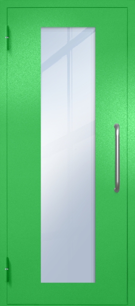 Однопольная техническая дверь с ручкой-скобой и максимальным стеклопакетом, окрас по RAL 6037 Однопольная техническая дверь с ручкой-скобой и максимальным стеклопакетом, окрас по RAL 6037
