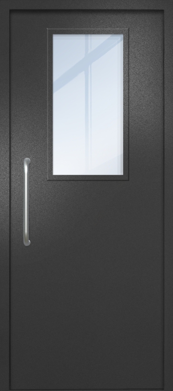 Однопольная техническая дверь с ручкой-скобой и широким стеклопакетом, окрас по RAL 9004