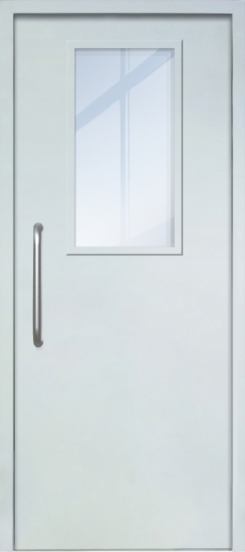 Однопольная техническая дверь с ручкой-скобой и широким стеклопакетом, окрас по RAL