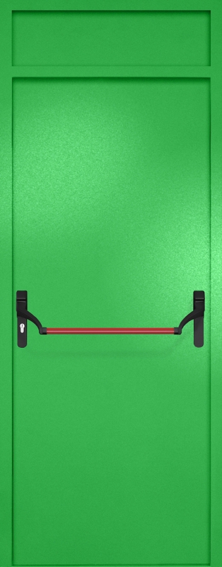 Однопольная противопожарная дверь EI-60 с верхней вставкой и ручкой «Антипаника», окрас по RAL 6037 Однопольная противопожарная дверь EI-60 с верхней вставкой и ручкой «Антипаника», окрас по RAL 6037
