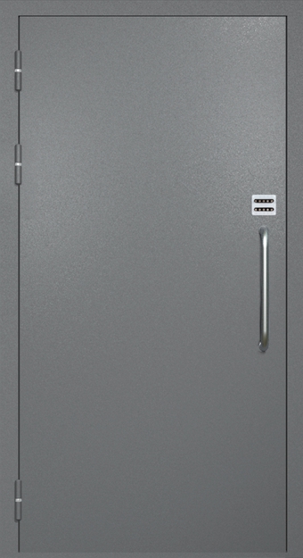 Однопольная техническая дверь с ручкой-скобой и кодовым замком, окрас по RAL 7001 Однопольная техническая дверь с ручкой-скобой и кодовым замком, окрас по RAL 7001