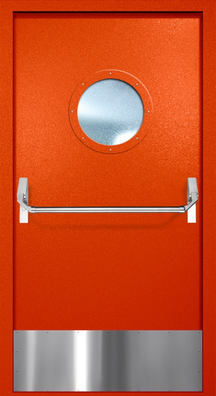 Однопольная противопожарная дверь EI-60 с круглым стеклопакетом, отбойником и ручкой «Антипаника», окрас по RAL 3003