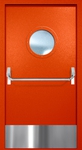 Однопольная противопожарная дверь EI-60 с круглым стеклопакетом, отбойником и ручкой «Антипаника», окрас по RAL 3003