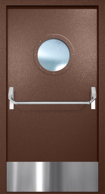 Однопольная противопожарная дверь EI-60 с круглым стеклопакетом, отбойником и ручкой «Антипаника», окрас по RAL 8016
