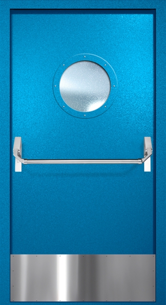 Однопольная противопожарная дверь EI-60 с круглым стеклопакетом, отбойником и ручкой «Антипаника», окрас по RAL 5002