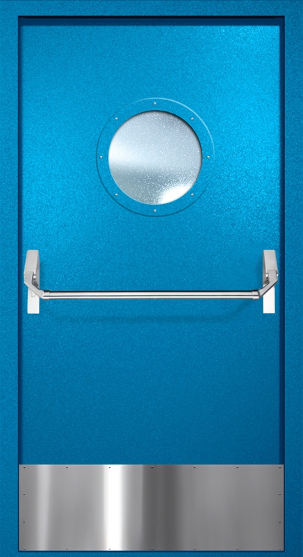 Однопольная противопожарная дверь EI-60 с круглым стеклопакетом, отбойником и ручкой «Антипаника», окрас по RAL 5002