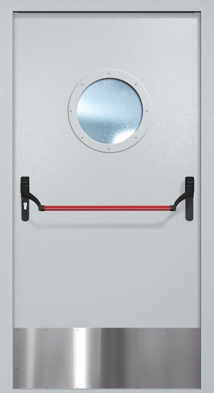 Однопольная противопожарная дверь EI-60 с круглым стеклопакетом, отбойником и ручкой «Антипаника», окрас по RAL Однопольная противопожарная дверь EI-60 с круглым стеклопакетом, отбойником и ручкой «Антипаника», окрас по RAL