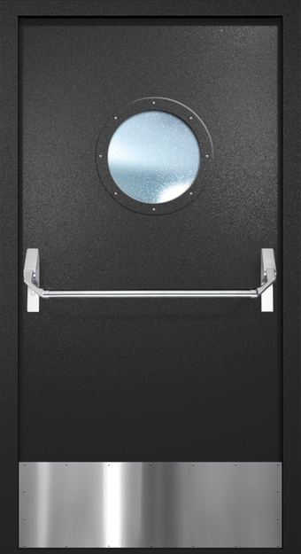 Однопольная противопожарная дверь EI-60 с круглым стеклопакетом, отбойником и ручкой «Антипаника», окрас по RAL 9004