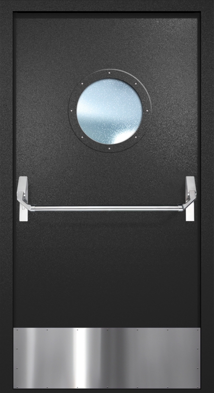 Однопольная противопожарная дверь EI-60 с круглым стеклопакетом, отбойником и ручкой «Антипаника», окрас по RAL 9004