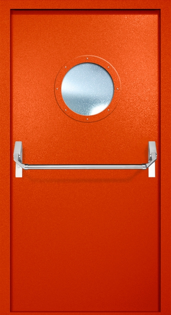 Однопольная противопожарная дверь EI-60 с круглым стеклопакетом и ручкой «Антипаника», окрас по RAL 3003