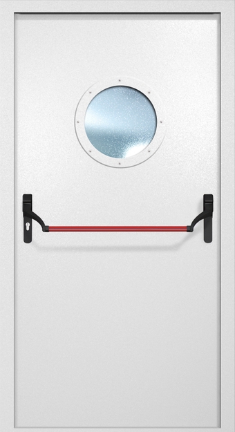 Однопольная противопожарная дверь EI-60 с круглым стеклопакетом и ручкой «Антипаника», окрас по RAL 9003 Однопольная противопожарная дверь EI-60 с круглым стеклопакетом и ручкой «Антипаника», окрас по RAL 9003