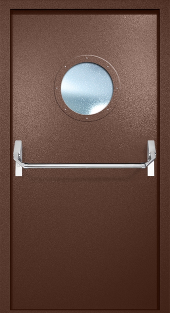 Однопольная противопожарная дверь EI-60 с круглым стеклопакетом и ручкой «Антипаника», окрас по RAL 8016 Однопольная противопожарная дверь EI-60 с круглым стеклопакетом и ручкой «Антипаника», окрас по RAL 8016