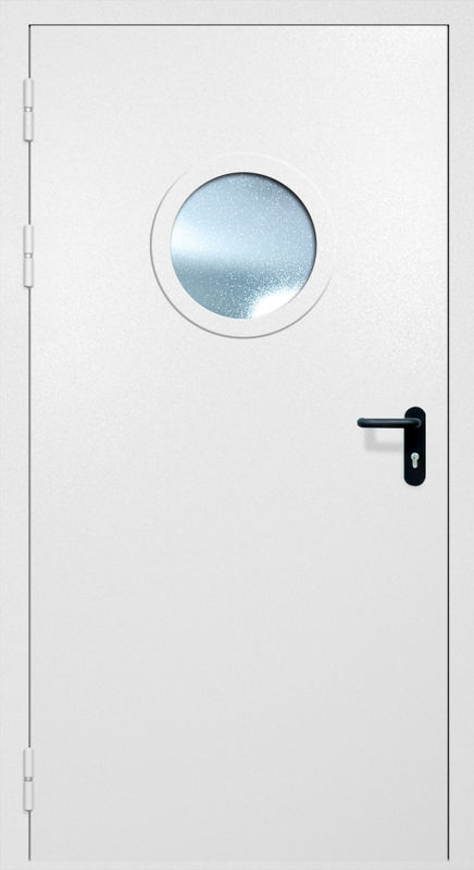 Однопольная противопожарная дверь EI-60 с круглым стеклопакетом и ручкой «Антипаника», окрас по RAL 9003