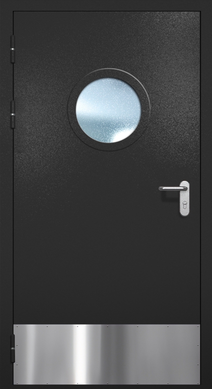 Однопольная противопожарная дверь EI-60 с круглым стеклопакетом и отбойником, окрас по RAL 9004