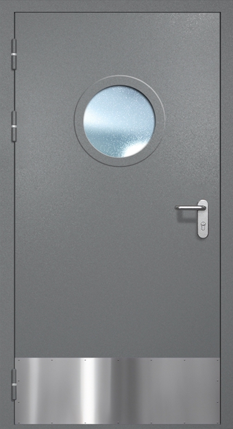 Однопольная противопожарная дверь EI-60 с круглым стеклопакетом и отбойником, окрас по RAL 7001 Однопольная противопожарная дверь EI-60 с круглым стеклопакетом и отбойником, окрас по RAL 7001