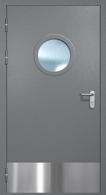 Однопольная противопожарная дверь EI-60 с круглым стеклопакетом и отбойником, окрас по RAL 7001 Однопольная противопожарная дверь EI-60 с круглым стеклопакетом и отбойником, окрас по RAL 7001