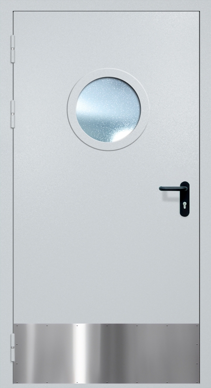 Однопольная противопожарная дверь EI-60 с круглым стеклопакетом и отбойником, окрас по RAL Однопольная противопожарная дверь EI-60 с круглым стеклопакетом и отбойником, окрас по RAL