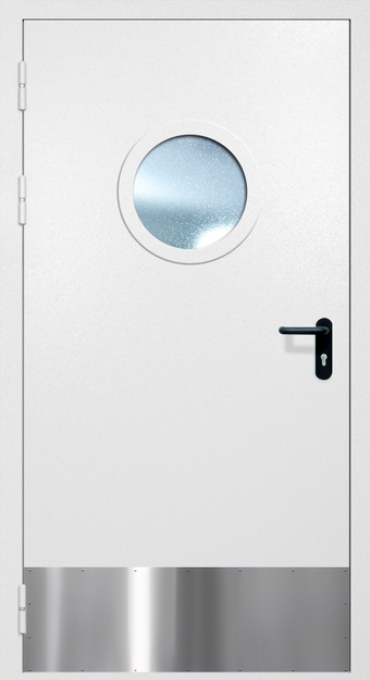 Однопольная противопожарная дверь EI-60 с круглым стеклопакетом, отбойником и ручкой «Антипаника», окрас по RAL 9003 Однопольная противопожарная дверь EI-60 с круглым стеклопакетом, отбойником и ручкой «Антипаника», окрас по RAL 9003