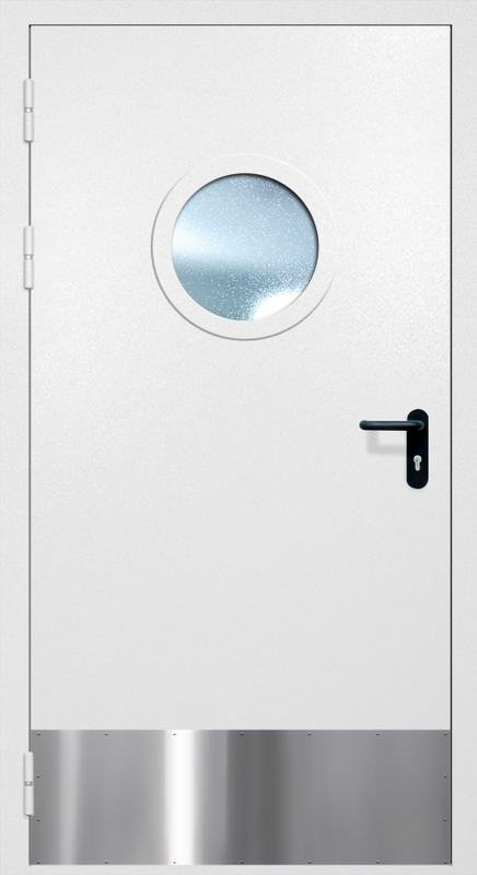 Однопольная противопожарная дверь EI-60 с круглым стеклопакетом, отбойником и ручкой «Антипаника», окрас по RAL 9003