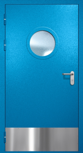 Однопольная противопожарная дверь EI-60 с круглым стеклопакетом и отбойником, окрас по RAL 5002 Однопольная противопожарная дверь EI-60 с круглым стеклопакетом и отбойником, окрас по RAL 5002