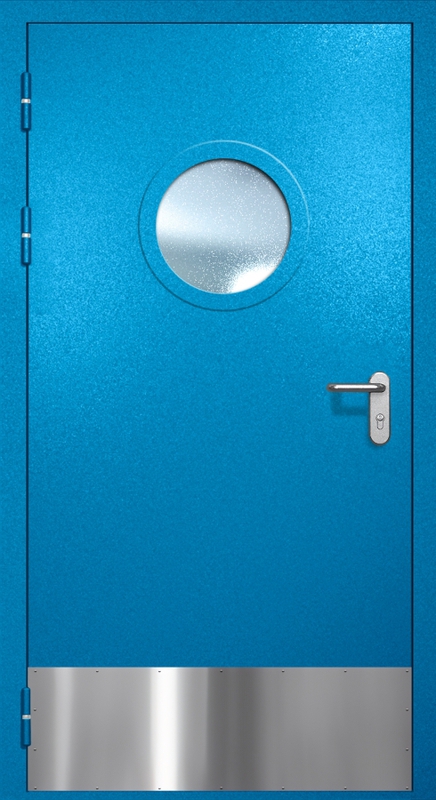 Однопольная противопожарная дверь EI-60 с круглым стеклопакетом и отбойником, окрас по RAL 5002 Однопольная противопожарная дверь EI-60 с круглым стеклопакетом и отбойником, окрас по RAL 5002