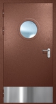 Однопольная противопожарная дверь EI-60 с круглым стеклопакетом, отбойником и ручкой «Антипаника», окрас по RAL 8016
