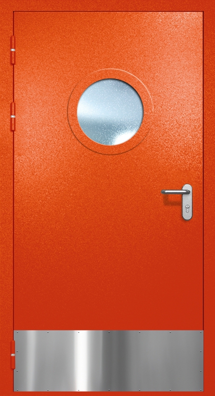 Однопольная противопожарная дверь EI-60 с круглым стеклопакетом, отбойником и ручкой «Антипаника», окрас по RAL 3003