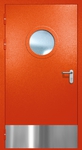 Однопольная противопожарная дверь EI-60 с круглым стеклопакетом, отбойником и ручкой «Антипаника», окрас по RAL 3003