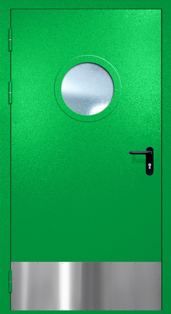 Однопольная противопожарная дверь EI-60 с круглым стеклопакетом и отбойником, окрас по RAL 6037 Однопольная противопожарная дверь EI-60 с круглым стеклопакетом и отбойником, окрас по RAL 6037