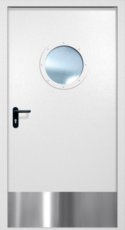 Однопольная противопожарная дверь EI-60 с круглым стеклопакетом и отбойником, окрас по RAL 9003