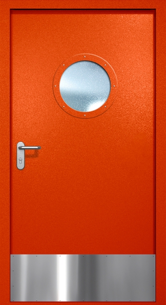 Однопольная противопожарная дверь EI-60 с круглым стеклопакетом и отбойником, окрас по RAL 3003