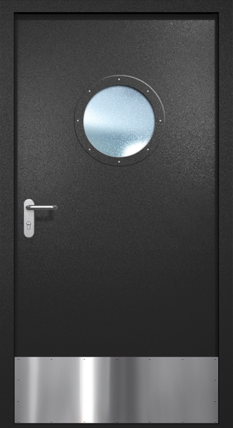 Однопольная противопожарная дверь EI-60 с круглым стеклопакетом и отбойником, окрас по RAL 9004 Однопольная противопожарная дверь EI-60 с круглым стеклопакетом и отбойником, окрас по RAL 9004