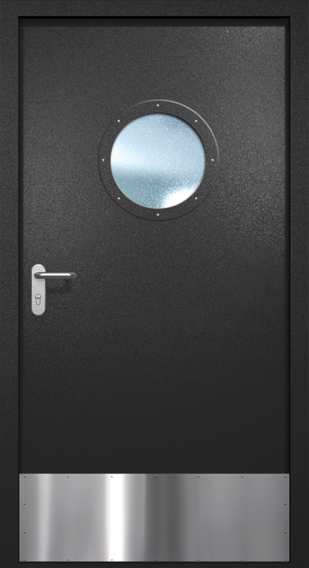 Однопольная противопожарная дверь EI-60 с круглым стеклопакетом и отбойником, окрас по RAL 9004