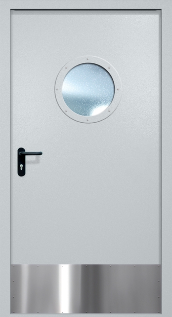 Однопольная противопожарная дверь EI-60 с круглым стеклопакетом и отбойником, окрас по RAL