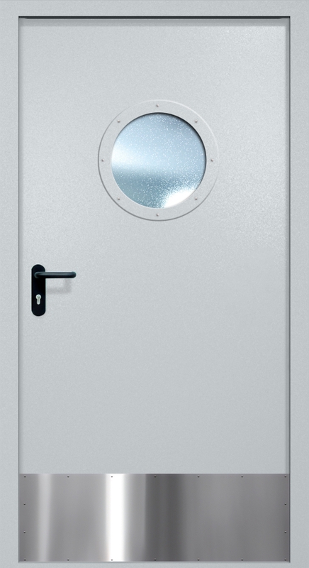 Однопольная противопожарная дверь EI-60 с круглым стеклопакетом и отбойником, окрас по RAL Однопольная противопожарная дверь EI-60 с круглым стеклопакетом и отбойником, окрас по RAL