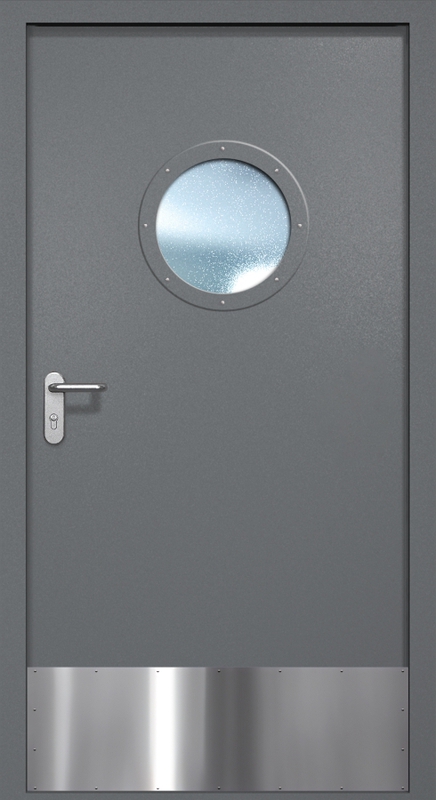Однопольная противопожарная дверь EI-60 с круглым стеклопакетом и отбойником, окрас по RAL 7001 Однопольная противопожарная дверь EI-60 с круглым стеклопакетом и отбойником, окрас по RAL 7001
