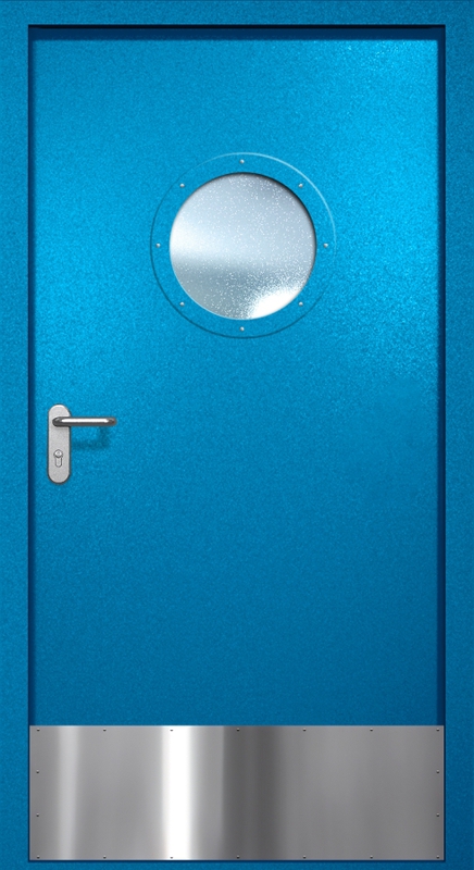 Однопольная противопожарная дверь EI-60 с круглым стеклопакетом и отбойником, окрас по RAL 5002 Однопольная противопожарная дверь EI-60 с круглым стеклопакетом и отбойником, окрас по RAL 5002