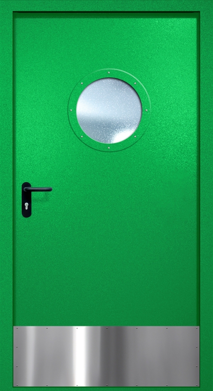 Однопольная противопожарная дверь EI-60 с круглым стеклопакетом и отбойником, окрас по RAL 6037