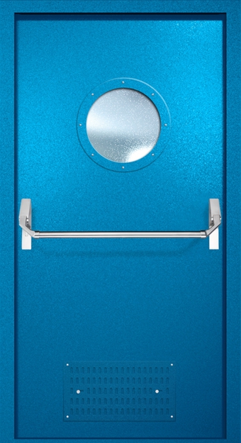 Однопольная противопожарная дверь EI-60 с вентиляцией, круглым стеклопакетом и ручкой «Антипаника», окрас по RAL 5002