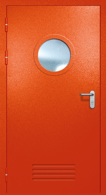 Однопольная противопожарная дверь EI-60 с вентиляцией и круглым стеклопакетом, окрас по RAL 3003
