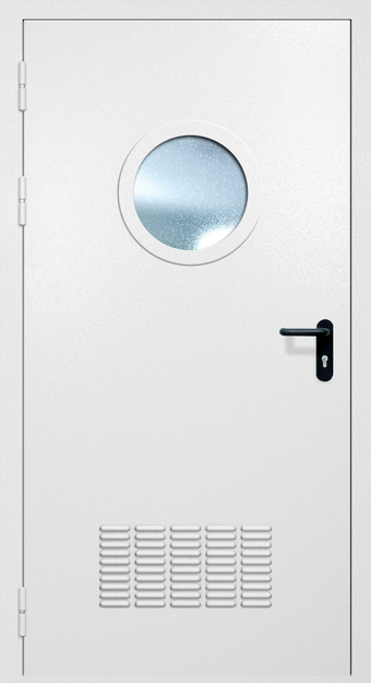 Однопольная противопожарная дверь EI-60 с вентиляцией и круглым стеклопакетом, окрас по RAL 9003 Однопольная противопожарная дверь EI-60 с вентиляцией и круглым стеклопакетом, окрас по RAL 9003