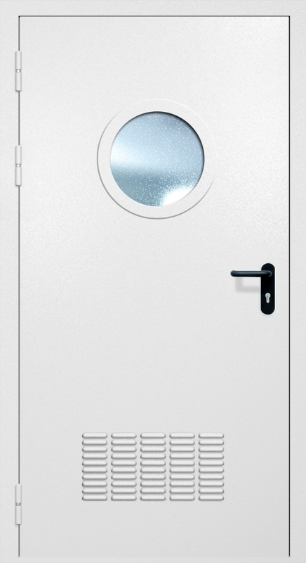 Однопольная противопожарная дверь EI-60 с вентиляцией и круглым стеклопакетом, окрас по RAL 9003 Однопольная противопожарная дверь EI-60 с вентиляцией и круглым стеклопакетом, окрас по RAL 9003