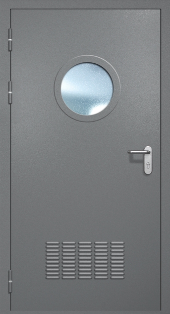Однопольная противопожарная дверь EI-60 с вентиляцией и круглым стеклопакетом, окрас по RAL 7001 Однопольная противопожарная дверь EI-60 с вентиляцией и круглым стеклопакетом, окрас по RAL 7001
