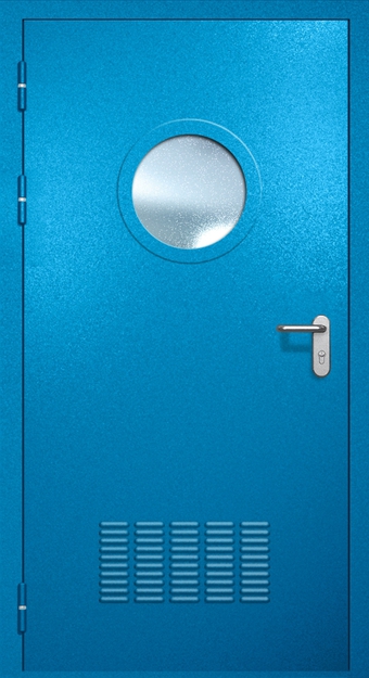 Однопольная противопожарная дверь EI-60 с вентиляцией и круглым стеклопакетом, окрас по RAL 5002 Однопольная противопожарная дверь EI-60 с вентиляцией и круглым стеклопакетом, окрас по RAL 5002