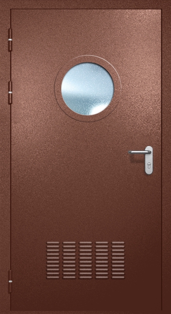 Однопольная противопожарная дверь EI-60 с вентиляцией и круглым стеклопакетом, окрас по RAL 8016 Однопольная противопожарная дверь EI-60 с вентиляцией и круглым стеклопакетом, окрас по RAL 8016