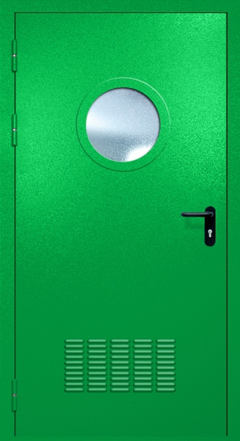 Однопольная противопожарная дверь EI-60 с вентиляцией, круглым стеклопакетом и ручкой «Антипаника», окрас по RAL 6037 Однопольная противопожарная дверь EI-60 с вентиляцией, круглым стеклопакетом и ручкой «Антипаника», окрас по RAL 6037