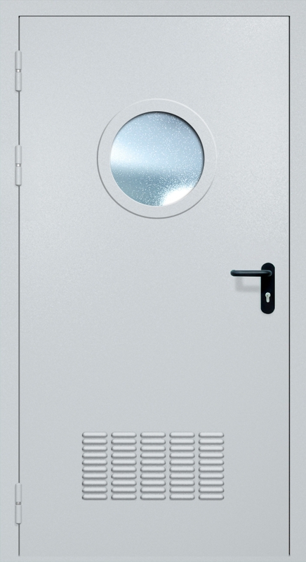 Однопольная противопожарная дверь EI-60 с вентиляцией, круглым стеклопакетом и ручкой «Антипаника», окрас по RAL Однопольная противопожарная дверь EI-60 с вентиляцией, круглым стеклопакетом и ручкой «Антипаника», окрас по RAL